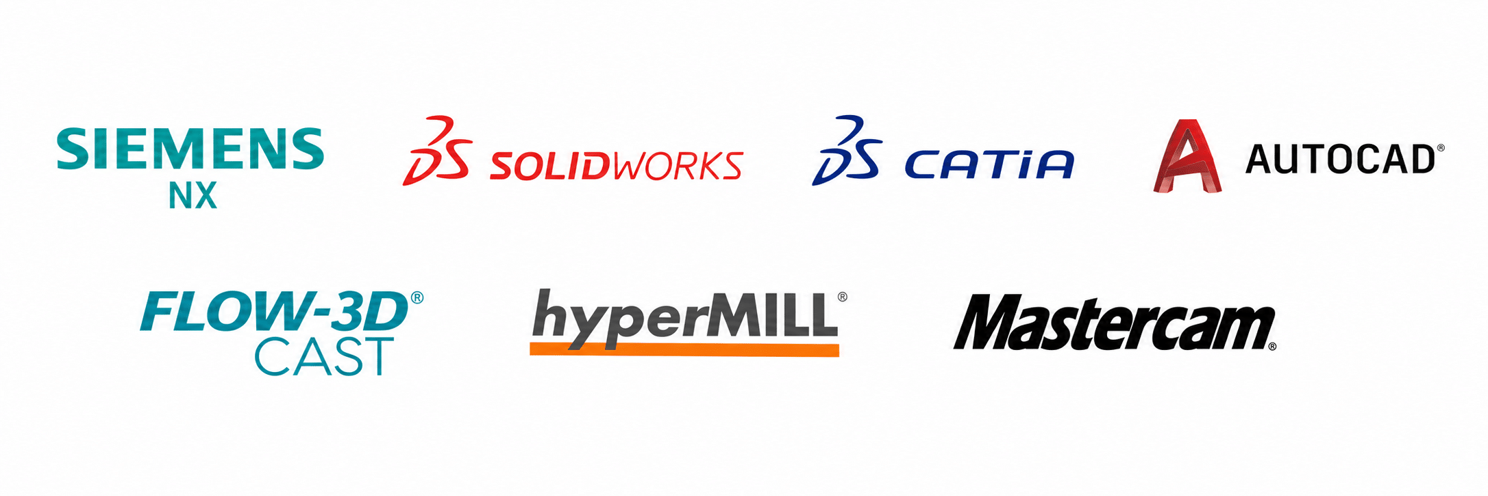 Advanced engineering software brands including Siemens NX, SOLIDWORKS, CATIA, AutoCAD, FLOW-3D CAST, hyperMILL and Mastercam